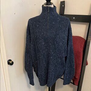 Aran Crafts Cozy Blue Speckled Knit Wool Front Quarter Zip Sweater